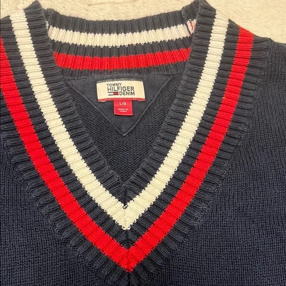 Tommy Hilfiger V-Neck Sweater Blue Red - Picture 4 of 8